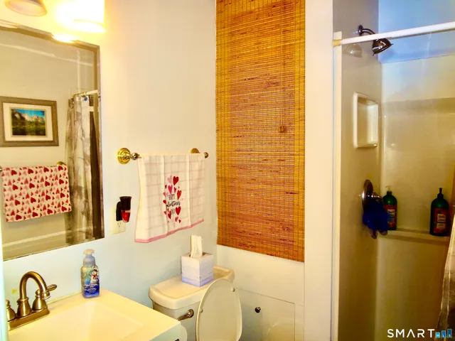 a bathroom with a sink mirror and a shower