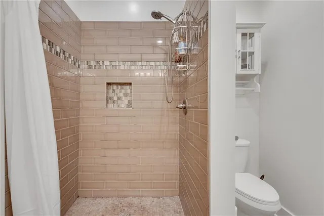 a bathroom with a shower and toilet