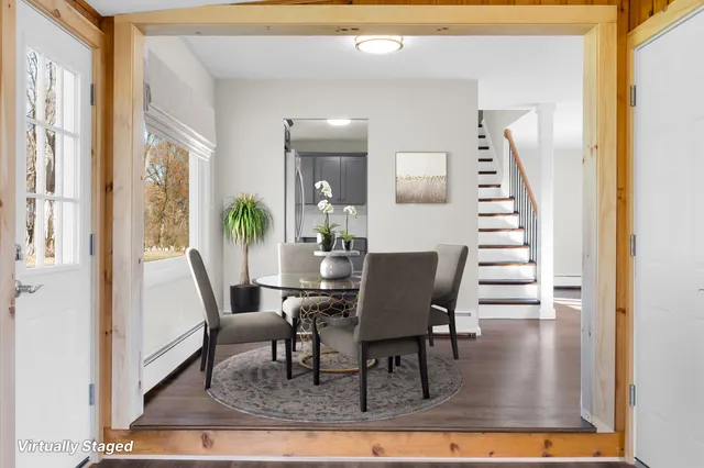 a view of a dining room with furniture