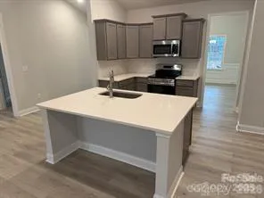 a kitchen with a sink and a refrigerator