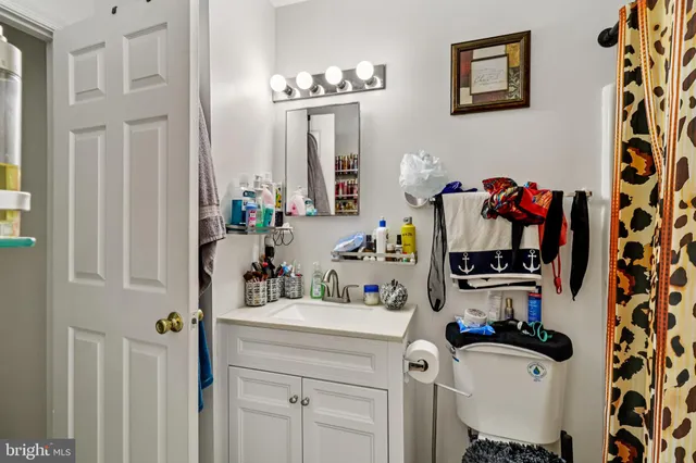 a bathroom with a sink mirror and vanity