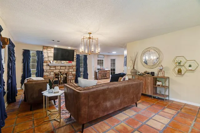 a living room with fireplace furniture and a flat screen tv