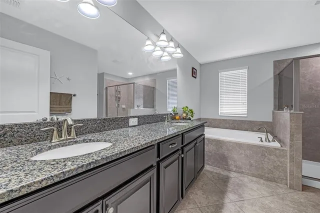 a bathroom with a granite countertop bathtub sink double and mirror