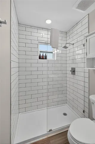 a bathroom with a shower and a toilet