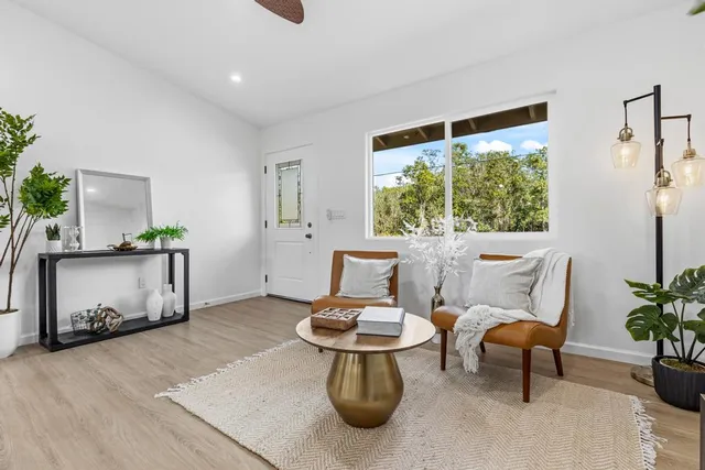 a living room with furniture and a potted plant
