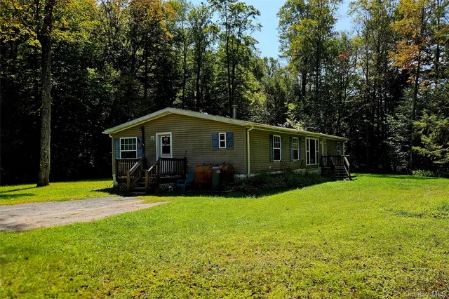 a front view of a house with yard and green space