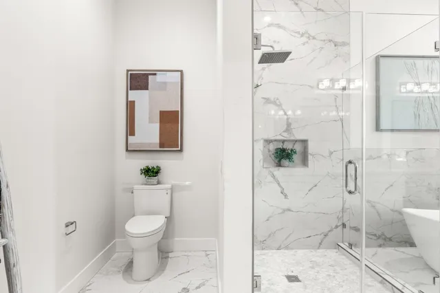 a bathroom with a toilet and a shower