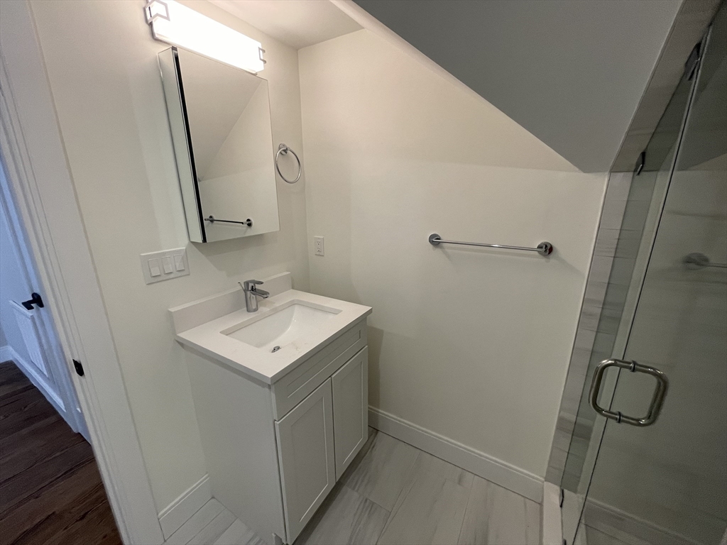 49 Alpine Street, Unit 2 Boston, MA 02119 - Photo 4 of 18 a bathroom with a shower sink vanity and mirror