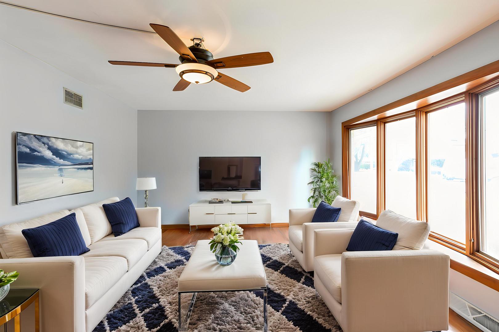 6054 107th Street Chicago Ridge, IL 60415 - Photo 5 of 27 a living room with furniture floor to ceiling window hardwood floor and a flat screen tv