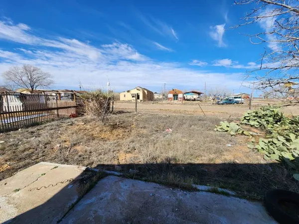 a view of a dry yard with wooden fence
