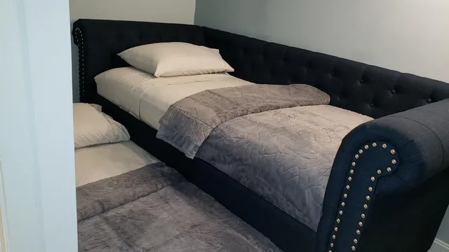 a bedroom with a bed