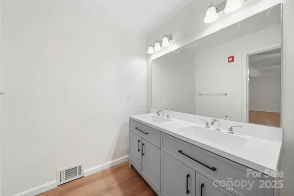 a bathroom with a sink vanity and a mirror