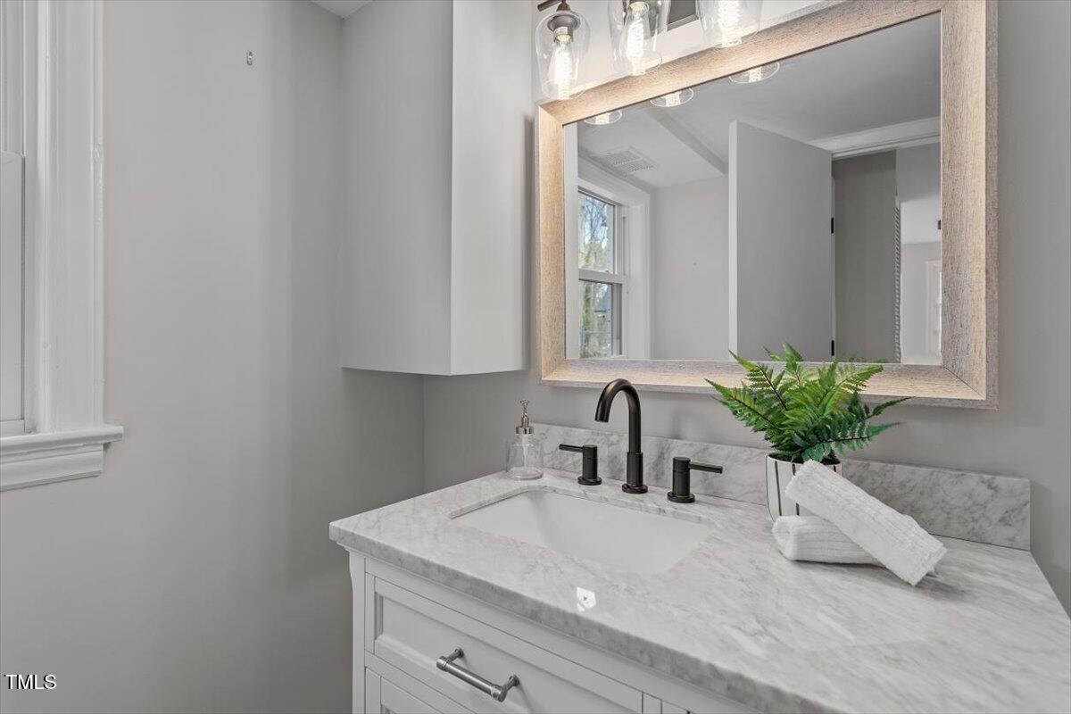 3408 Brentwood Road Raleigh, NC 27604 - Photo 28 of 41 a bathroom with a sink a potted plant and a mirror