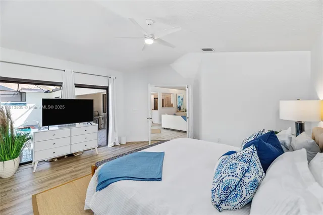 a bedroom with a bed and a flat screen tv