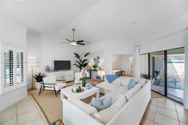 a living room with furniture and a floor to ceiling window