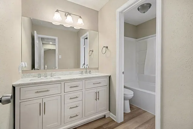 a bathroom with a granite countertop sink a toilet and a mirror
