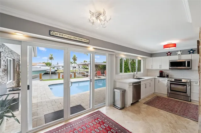 a view of a dining room and a window