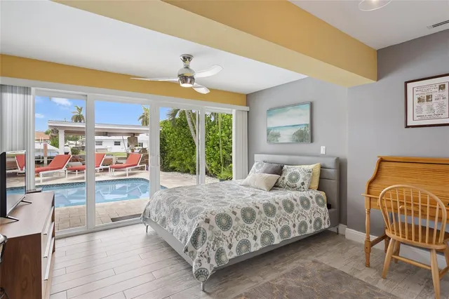 a bedroom with a bed furniture and a large window