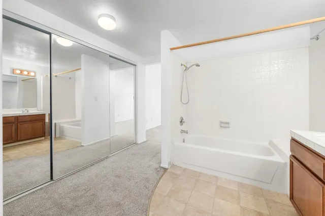 a bathroom with a bathtub and a shower
