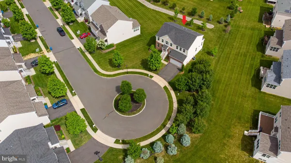 an aerial view of a swimming pool