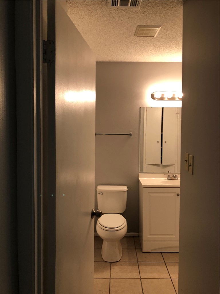 6502 South 1st Street, Unit 102 Austin, TX 78745 - Photo 18 of 26 a bathroom with a toilet a sink and mirror