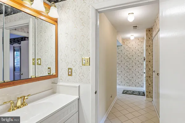 a bathroom with a sink a mirror and a shower