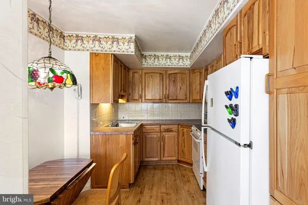 a kitchen with a refrigerator and a sink