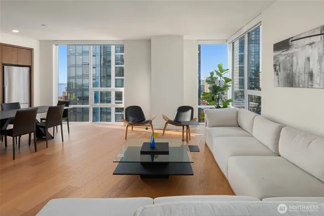 a living room with furniture potted plant and a large window