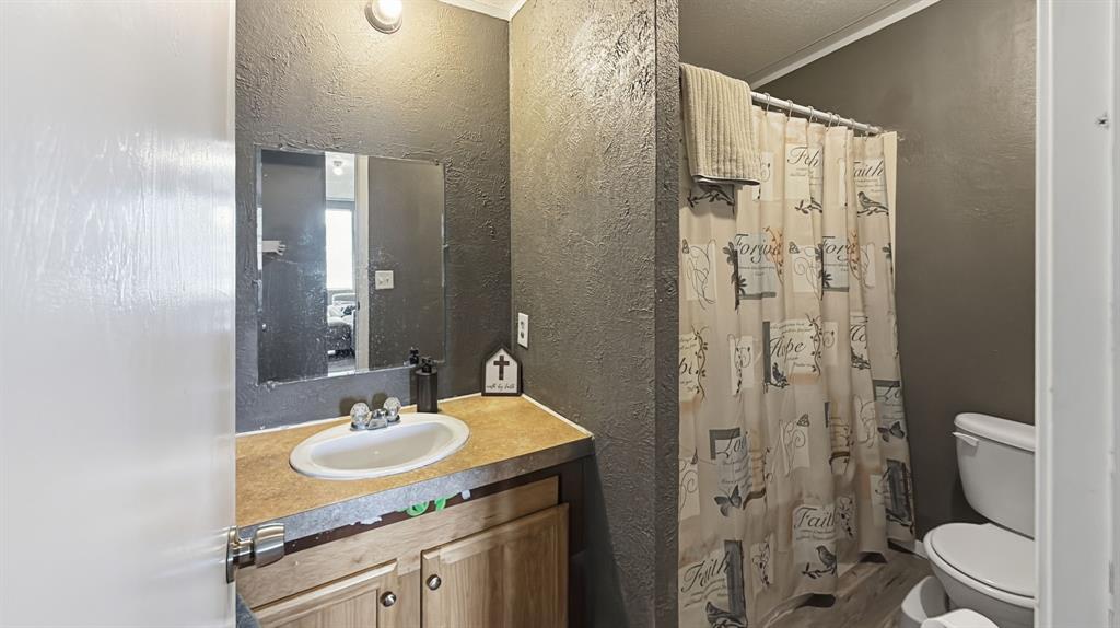 185 Private Road 4437 Rhome, TX 76078 - Photo 17 of 28 Bathroom featuring a vanity with an integrated sink, wood-finish cabinetry, a wall-mounted mirror, and a toilet