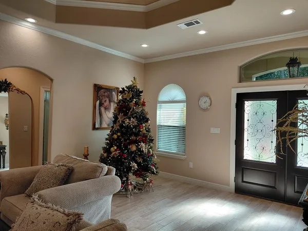 a living room with furniture and a potted plant