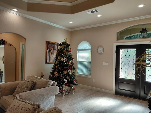 a living room with furniture and a potted plant