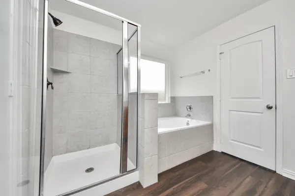 a bathroom with a bathtub and a shower