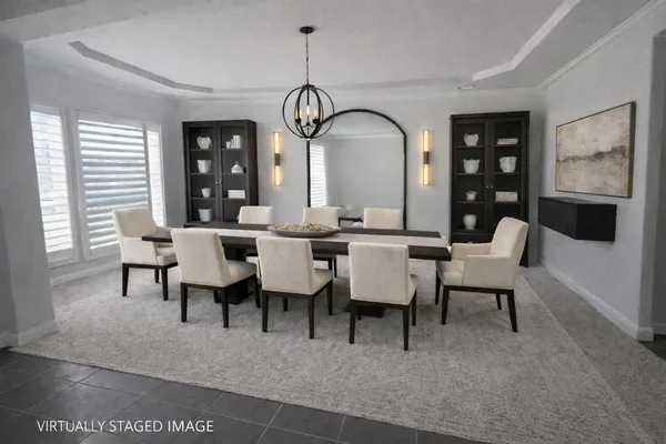 a view of a dining room with furniture