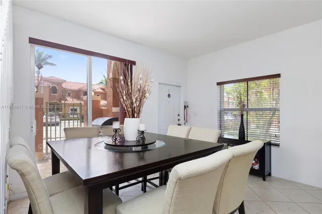 a view of a dining room with furniture window and outside view