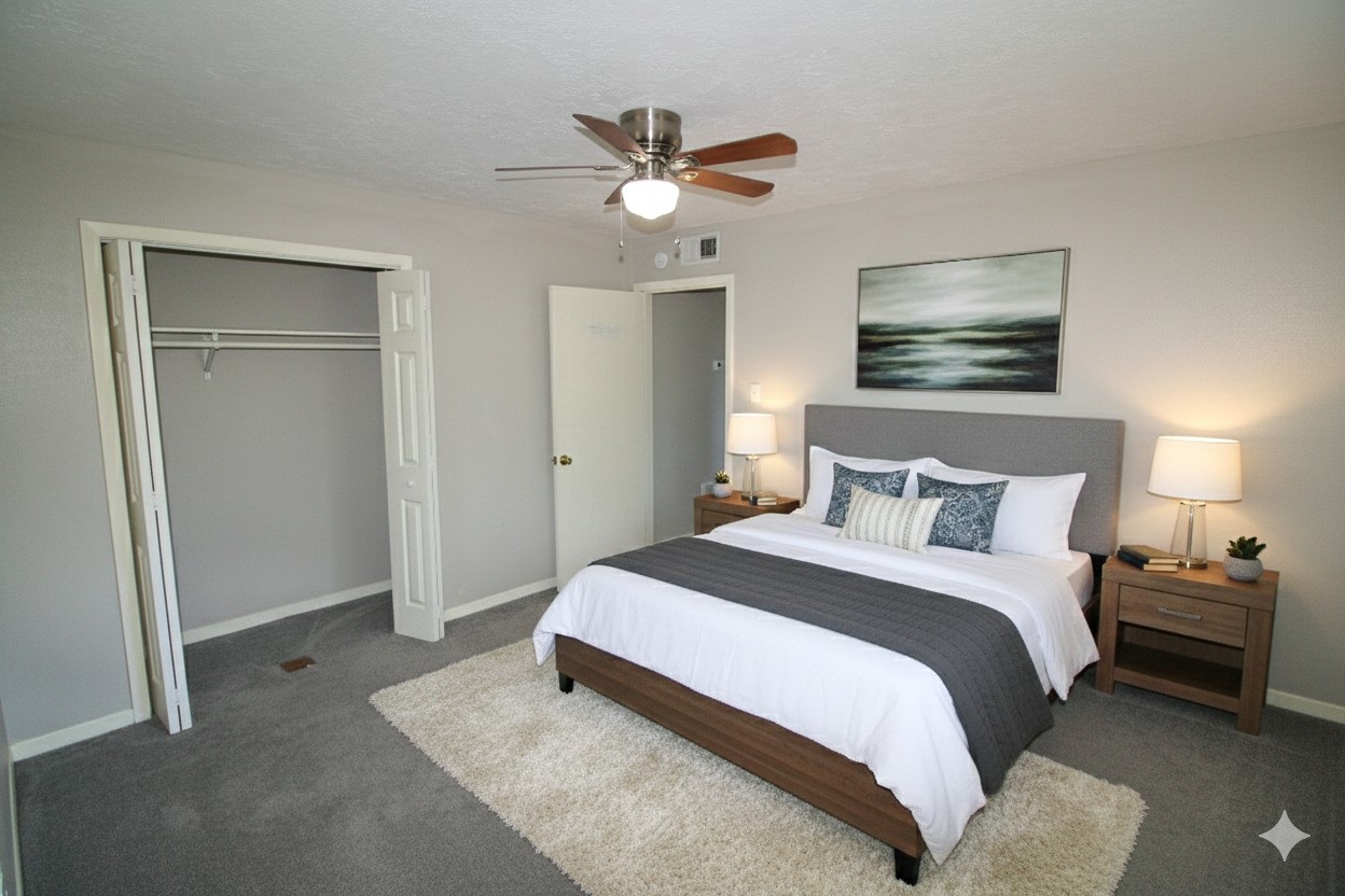 1305 Adams Street, Unit 1 Conroe, TX 77301 - Photo 2 of 14 a bedroom with a bed and a ceiling fan