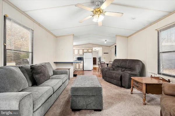 a living room with furniture ceiling fan and a window