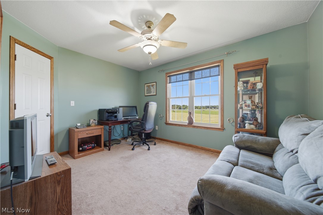 12159 Lawndell Road Southwest Beach City, OH 44608 - Photo 30 of 49 Carpeted room featuring a ceiling fan with light fixture, a double-hung window with a wooden frame, and light green walls