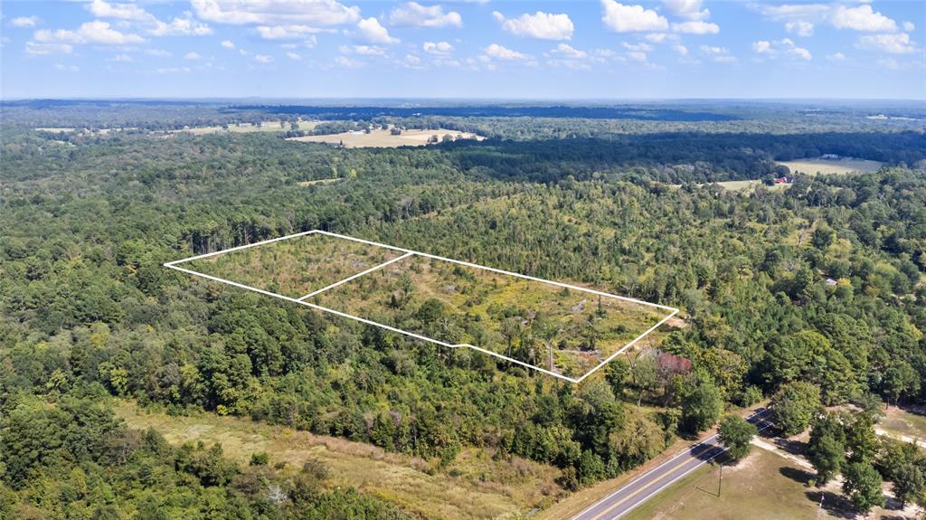 Aerial view of property's location featuring a forest and property parcel outlined