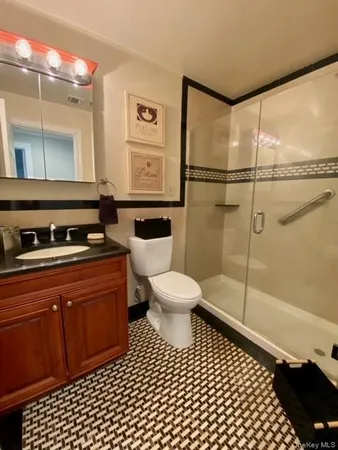a bathroom with a sink a toilet a mirror and shower