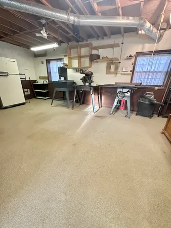 a view of a garage with storage