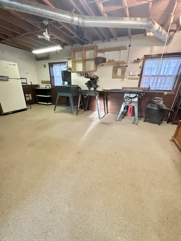 a view of a garage with storage