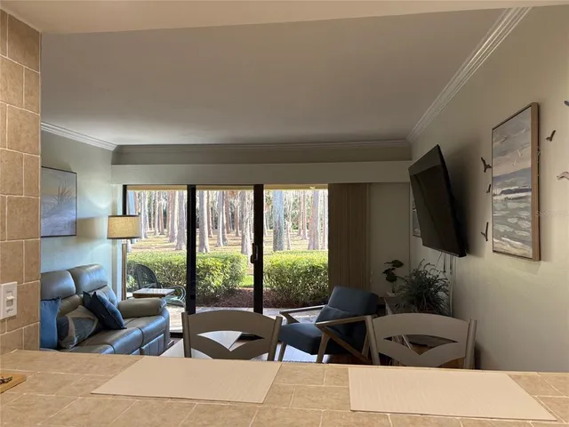 a living room with furniture tv and large windows