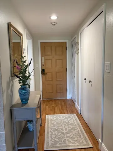 a view of a hallway with wooden floor and a potted plant