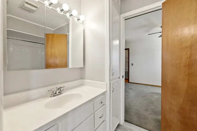 a bathroom with a granite countertop sink mirror and a shower