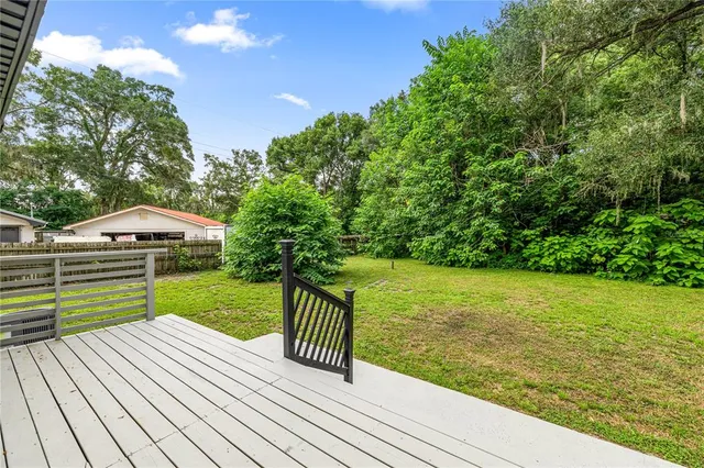 a backyard of a house with plants and large tree