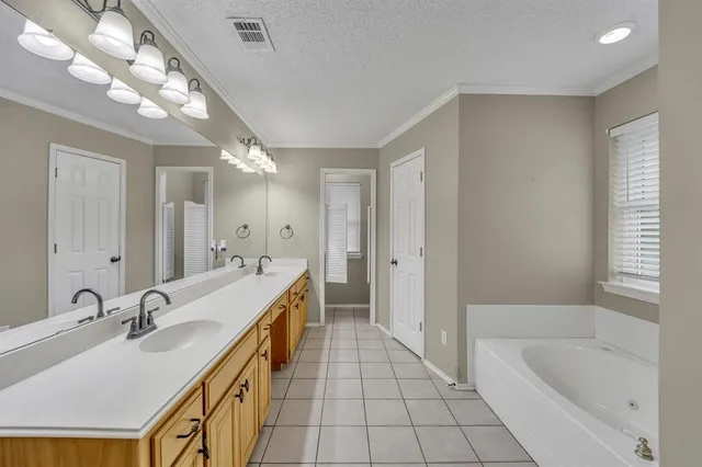 a bathroom with a double vanity sink a mirror and a bathtub