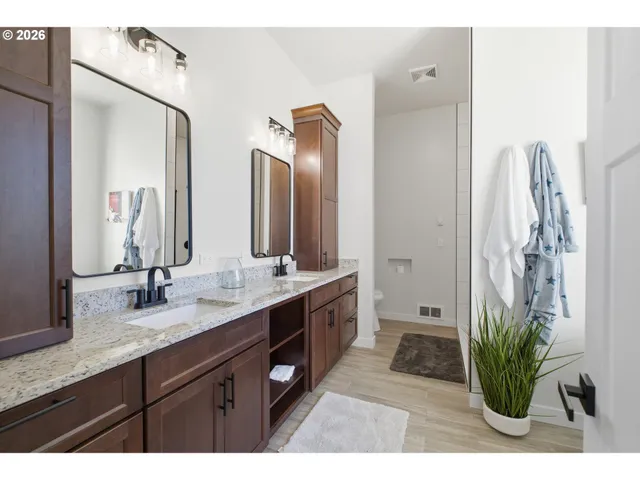 a bathroom with a granite countertop sink a potted plant and a mirror