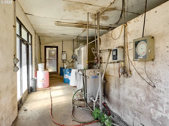 a view of a balcony with door