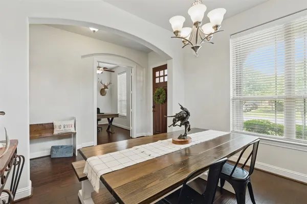 a view of a dining room with furniture window and outside view