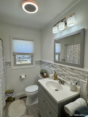 a bathroom with a toilet sink and mirror